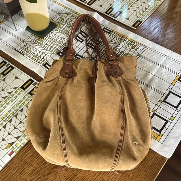 Tan Suede Bucket Bag with Brown Leather Accents - Picture 2 of 9